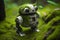 A Small, Adorable Robot Made of Green Moss Wandering in the Forest. AI