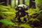 A Small, Adorable Robot Made of Green Moss Wandering in the Forest. AI