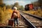 A small adventurer with a suitcase, embarking on a journey along the railroad