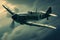 A small airplane is seen flying through a cloudy sky, showcasing the dynamic movement against the cloudy backdrop, A vintage World