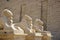 Small alley of sheep-headed sphinxes in front of the Karnak Temple. Close-up. Famous Egyptian landmark with hieroglyphics and