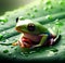 Small amazonas frog sitting on a big green jungle leaf