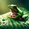 Small amazonas frog sitting on a big green jungle leaf