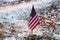 Small American flag against snow and leaves background seen during a golden hour morning