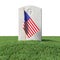 Small American flag and headstone on green grass isolated