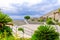 Small amphitheater and green plants on top of ancient Castello Doria castle tower in Portovenere