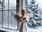 A Small Angel Figurin Standing In Front Of A Window. Generative AI
