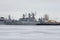 Small anti-submarine ships of the Baltic Navy in winter parking on a gloomy January day. Kronstadt