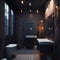 Small Apartment Industrial Style Bathroom Dark Natural Light Brick Wall Hanging Lamps From Ceiling Generative Ai