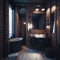 Small Apartment Industrial Style Bathroom Dark Natural Light Brick Wall Hanging Lamps From Ceiling Generative Ai
