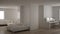 Small apartment with parquet floor, home workplace with corner desk in white living room, office in minimalist style, Murphy bed,