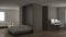 Small apartment with parquet floor, home workplace with corner desk in white living room, office in minimalist style, Murphy bed,