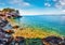 Small azure laguna in Brela resort, Croatia, Europe. Splendid morning seascape of Adriatic sea. Beautiful world of Mediterranean c