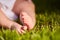 Small baby feet on the green grass at summer sunshiny day in the park.