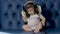Small baby with headphones on blue sofa