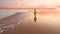 small baby walk on sunset at beach sand ,sunbeam flares and reflection on sea water