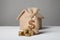 Small bag with money and dollar sign. Stack of coins and house model. Mortgage financial property. Rising rent. House and coins