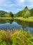 Small barn and trees frame summer pond