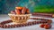 A small basket filled with sacred, organic date fruits. Ramadan photo with Arabian dates