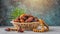 A small basket filled with sacred, organic date fruits. Ramadan photo with Arabian dates