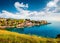 Small bay on the Zakynthos island. Sunny spring seascape of the Ionian Sea, Mikro Nisi village location, Greece, Europe. Traveling