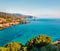 Small bay on Zakynthos island. Sunny spring seascape of Ionian Sea, Mikro Nisi village location, Greece, Europe. Traveling concept