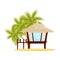 Small beach house with big windows. Tropical wooden bungalow and green palm trees on background. Flat vector design