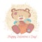 A small bear is a toy. Valentine`s Day is a holiday letter. Heart and bear cartoon and cute images, imitation stitched from cloth