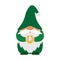 A small bearded dwarf in a green checkered hat holds a horseshoe in his hands. A symbol of good luck. A little gnome, a cute