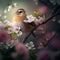 Small beautiful bird on blossom tree. generative AI.