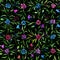 Small beautiful flowers with leaves on black background. Bright cornflowers in check pattern. Seamless pattern. Watercolor paintin