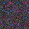 Small beautiful flowers with leaves on dark purple background. Bright cornflowers in check pattern. Seamless pattern.