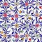 Small beautiful flowers with leaves on light background. Bright cornflowers in check seamless pattern. Watercolor painting.