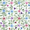 Small beautiful flowers with leaves on white background. Bright cornflowers in check seamless pattern. Watercolor painting.