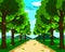 A small, beautiful road surrounded by nature. On both sides there are trees  with leaves falling.