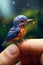 Small Bird Perched on a Person's Finger. Generative ai