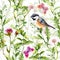 Small bird in spring meadow flowers, butterflies. Repeated pattern. Watercolor