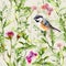 Small bird, spring meadow grass, flowers, butterflies. Repeating pattern. Watercolor