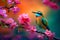 Small bird on tree branch with flowers. Generate ai