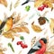 Small birds bullfinches, robin. Autumn leaves watercolor, isolated background, hand drawing. Seamless pattern.