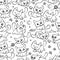 Small black white cats seamless pattern different emotions. Kitty play with ball walking in nature hunting for mouse and run away
