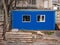 Small blue change house for workers at construcrion area