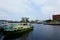 Small boat on dock. Osanbashi Yokohama International Passenger Terminal in the