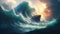 A small boat facing giant waves, a fantasy of courage illustrated in a breathtaking and adventurous scene