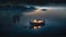 a small boat floating on top of a lake at night with a light on it\\\'s front lights up the water and rocks in the background.