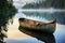 A small boat peacefully floats atop the glassy surface of a quiet lake, surrounded by a serene, picturesque landscape, An old