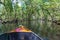 Small boat sailing on mangroves green water