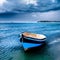 a small boat sits on the beach in shallow water and sky