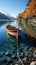 A small boat tied to a rope in a calm lake with reflection. Generative AI image.