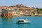 Small boat in the waters of the Tyrrhenian Sea. Portoferraio.